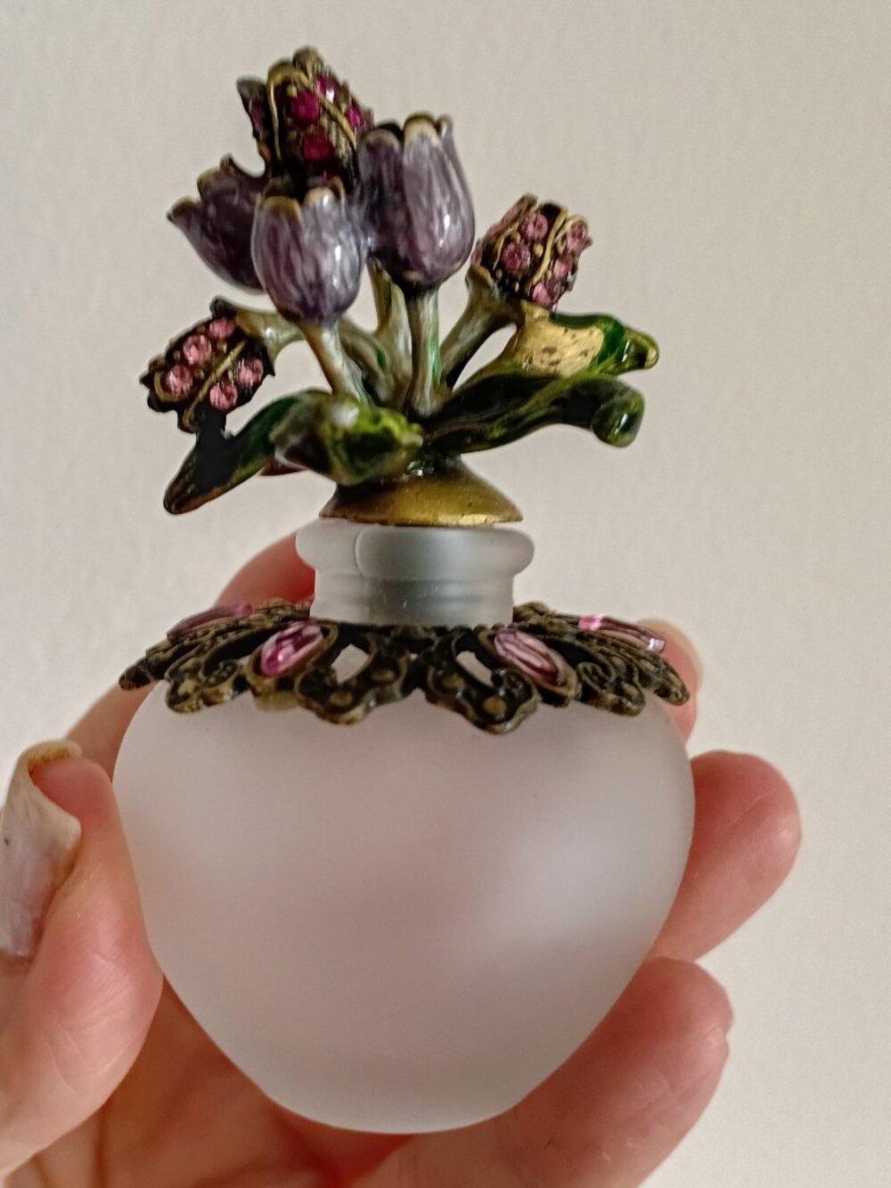 Frosted Glass Perfume Bottle With Enameled Flowers & Rhinestones